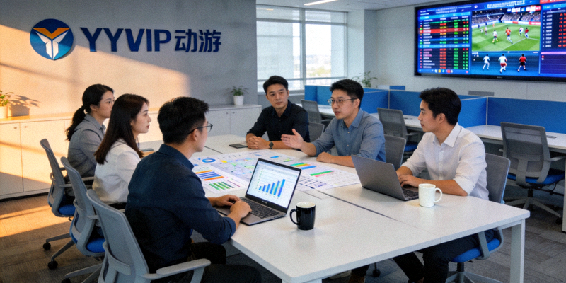 YYVIP易游公司总部现代办公室内景，团队正在讨论体育赛事数据